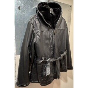 Wilsons HEAVY Leather Faux Fur Lined Coat Zip Up Hooded Belted Size XL Black EUC